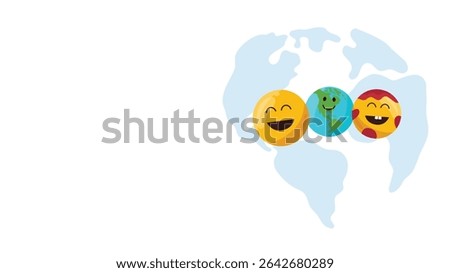 Three colorful emojis are placed over a world map symbolizing global happiness