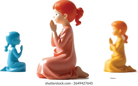 Três figuras coloridas estão ajoelhadas com as mãos em oração. As figuras são vistas de lado e colocadas sobre um fundo branco.