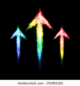  Three colorful fire arrows directed upward. Illustration on black background 