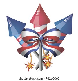 Three colorful firecrackers and striped bow on white background