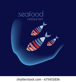 Three colorful fishes in the sea. Seafood restaurant logo. Blue background.