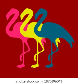 Three colorful flamingos in row. Blue, yellow and pink one over red background. Bright design. Flat and minimalist.