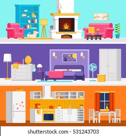 Three colorful flat rooms vector illustrations to infographic and banner design. Living room, bedroom, kitchen with interior design and furniture vector flat.