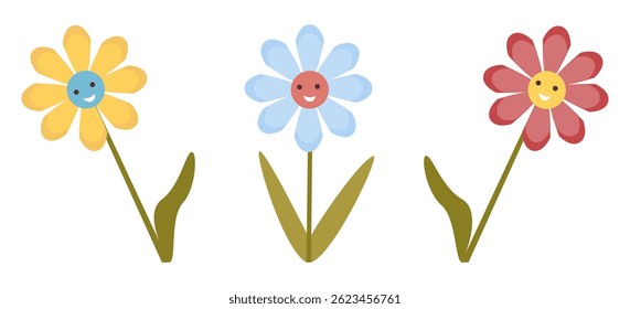 Three colorful flowers with faces and bent stems.