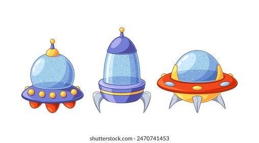 Three Colorful Flying Saucers Isolated On A White Background. Cartoon Vector Illustration For Children Books, Sci-fi