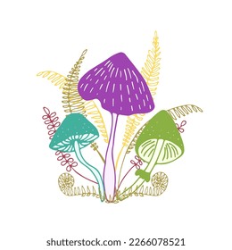 Three colorful forest mushrooms growing together with ferns isolated on white background. Bright, calm set of magical, fairy, fantasy mushrooms. Hand drawn vector illustration.