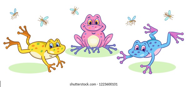 Three colorful frogs in cartoon style sit and jump on white background. Vector illustration.