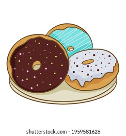 Three colorful frosted doughnuts on a plate, isolated on a white background. Vector illustration in cartoon flat style.