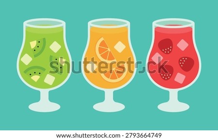 Three colorful fruit juice glasses with kiwi, orange, and strawberry slices on a mint green background. Minimal vector illustration of refreshing summer cold drinks for cafe menus and promotions.
