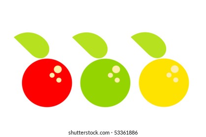 Three colorful fruits with leaves