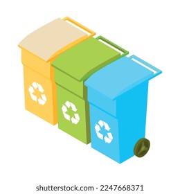 Three colorful garbage containers for rubbish sorting 3d isometric vector illustration