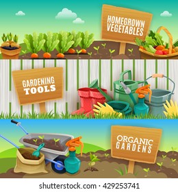 Three colorful gardening horizontal banners with farming tools homegrown vegetables in garden beds and organic fertilizer in handcart flat vector illustration  