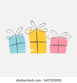 Three colorful gift box vectors in hand drawn style  isolated an off  white background