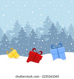 Three colorful gift boxes on the snow. Nature background winter forest landscape. Vector illustration. Flat design