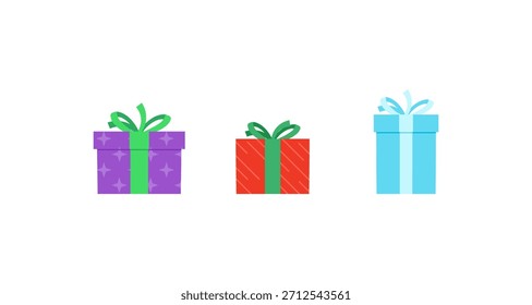Tres coloridas cajas de regalo se presentan sobre un fondo blanco, perfecto para varias ocasiones