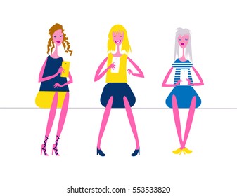 Three colorful girls chatting with their smart smartphones. Flat Illustration.
