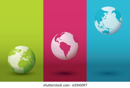Three colorful globes with gradient backgrounds and shadows. Editable vector illustration.