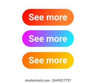 Três botões de gradiente coloridos, cada um contendo a frase veja mais. Esses botões são elementos típicos da interface do usuário projetados para páginas da Web ou aplicativos para solicitar que os usuários explorem conteúdo ou informações