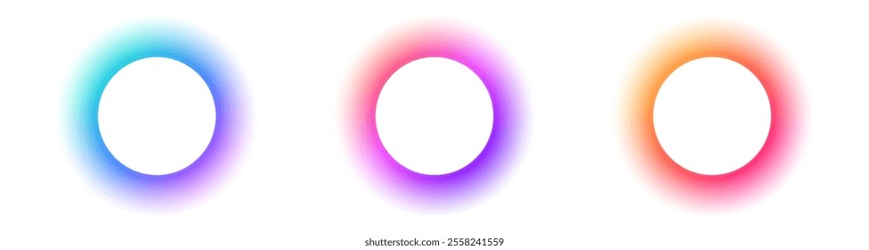 Three colorful gradient circles with blue, purple, and orange tones on a white background.