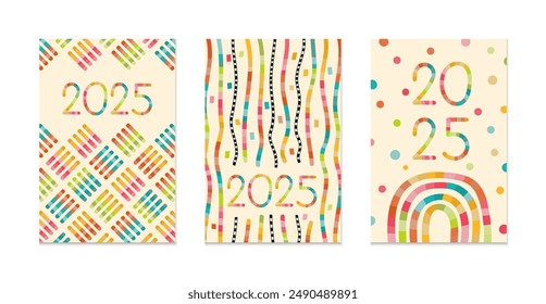 Three colorful graphic designs in vector for 2025 New Year cards or greeting posters. Each features vibrant patterns and the year 2025 in a playful, geometric style on a cream background.