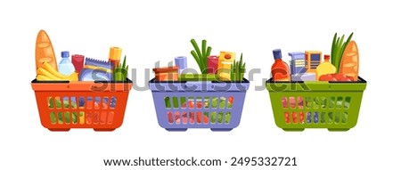 Three Colorful Grocery Baskets Filled With A Variety Of Food Items Including Bread, Vegetables, Bottles, Packaged Goods