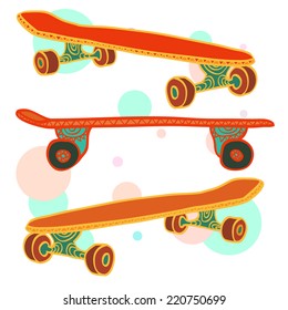 Three colorful hand drawn skateboards on abstract background. Vector illustration.