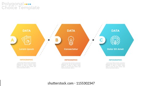 Three colorful hexagonal elements with thin line symbols inside arranged into horizontal row and place for text. Concept of 3 business options. Modern infographic design template. Vector illustration.