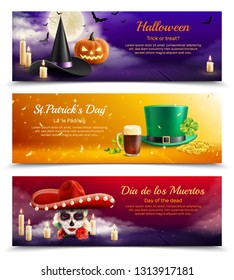 Three colorful horizontal banners demonstrated traditional masquerade hats for national holidays of different countries realistic vector illustration