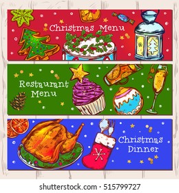 Three colorful horizontal banners set with christmas restaurant menu drawn sketch images stars and snowflakes symbols vector illustration