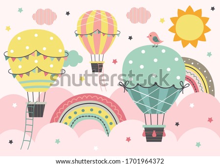 three colorful Hot Air Balloon  fly in the pink sky
  - vector illustration, eps    