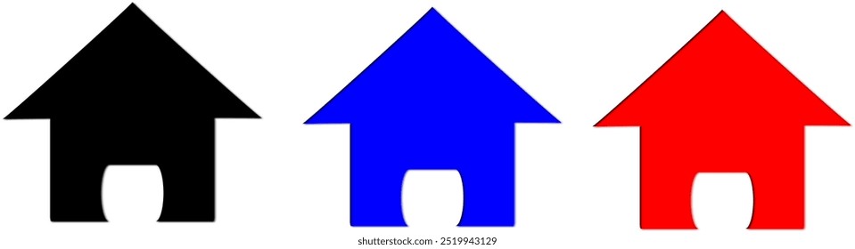 Three colorful houses. A row of houses in different colors.
Simple cartoon houses. Black, blue, and red houses