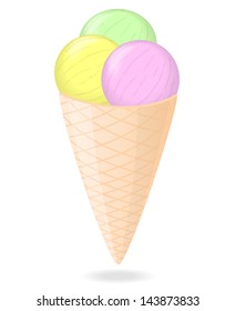 Three colorful ice cream balls in waffle cone isolated on white background 