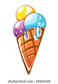 Three colorful ice cream balls in waffle cone. Yellow, violet and blue colors, vector.