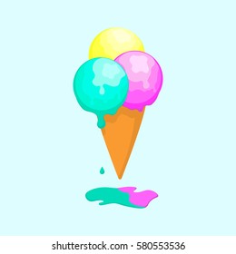 Three colorful ice cream balls in waffle cone; Yellow, turquoise and purple colors, vector.
