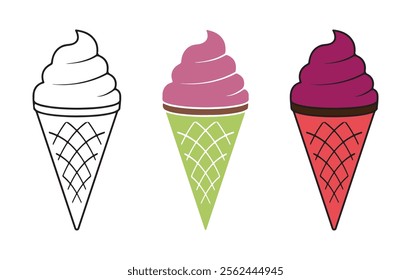 Three Colorful Ice Cream Cone Illustrations for Coloring Books or Design Projects