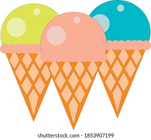 three colorful ice creams in waffle cones