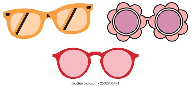 Three colorful, illustrated sunglasses in different designs: one orange, one pink with floral frames, and one red, arranged on a white background in a flat cartoon style.