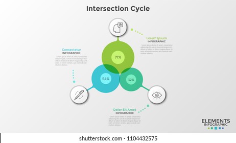 Three colorful intersected translucent circles with percent indication inside connected to circular paper white elements with thin line symbols. Infographic design template. Vector illustration.