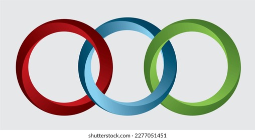 Three colorful intertwined rings, circles. Isolated. Vector illustration.