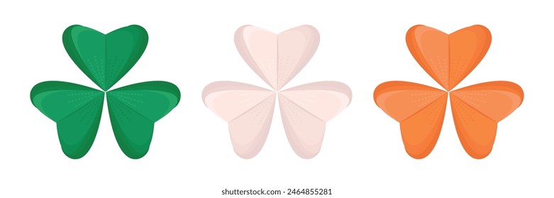 Three colorful irish clovers; leaves in green, white and orange colors like a flag of Ireland; the symbol of St. Patrick's Day, vector color illustration