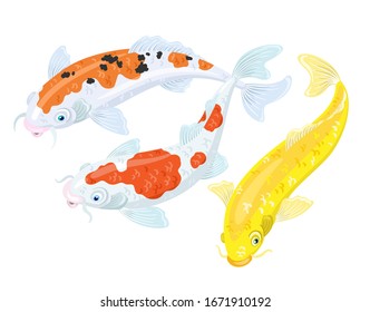 Three colorful japanese koi carps. Isolated on white background. Vector illustration.