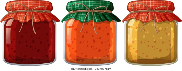 Three colorful jars of fruit jam illustration