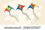Three colorful kites flying in the sky on a breezy day.
