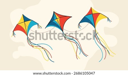 Three colorful kites flying in the sky on a breezy day.