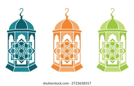 Drei bunte Laternen mit komplizierten islamischen geometrischen Mustern hängen