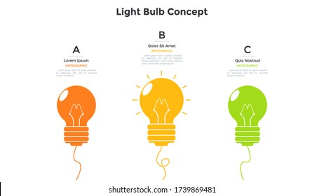 Three colorful light bulbs. Concept of 3 steps of innovative technology development, creative idea generation. Simple infographic design template. Modern flat vector illustration for presentation.