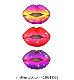 Three of colorful lip, fashion lip on white background.