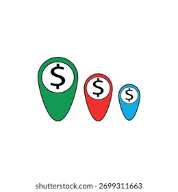 Três pinos de localização coloridos com marcas de dólar representando mapa monetário ou rota financeira.