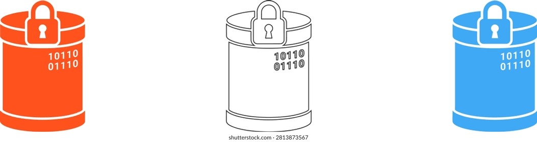 Three colorful lockable trash bins with padlock icons in a row isolated on transparent background, Vector