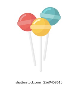 Three colorful lollipops, red, yellow, and teal, are depicted on sticks. Vector illustration